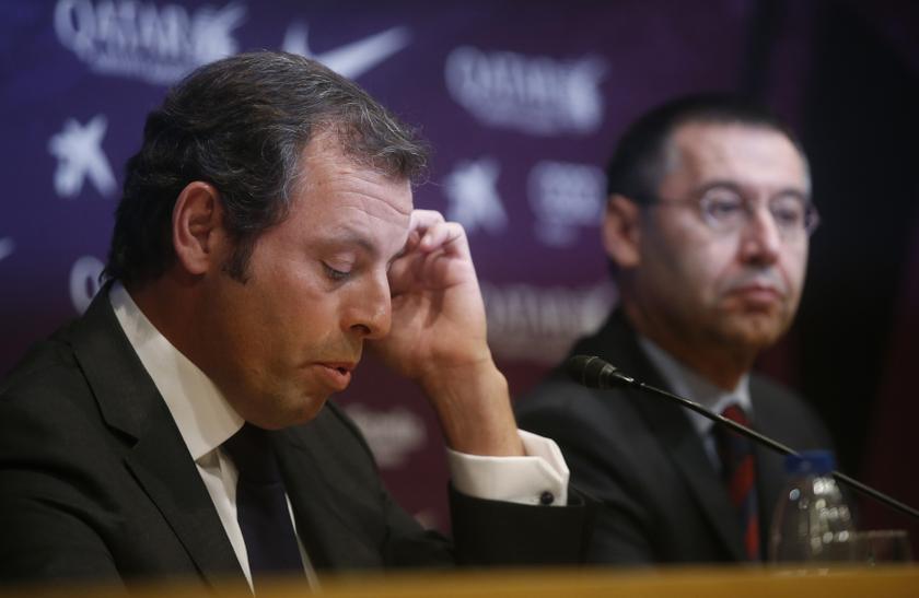 Barcelona president Sandro Rosell (left) attends a news conference where he announced his resignation, next to vice-president Josep Maria Bartomeu, at Camp Nou stadium in Barcelona January 23, 2014. u00e2u20acu201d Reuters pic