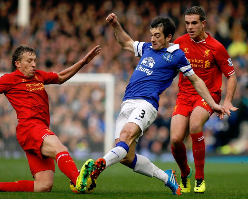Liverpool's Lucas Leiva (left) challenges Everton's Leighton Baines during their English Premier League soccer match at Goodison Park in Liverpool, northern England November 23, 2013. u00e2u20acu201d Reuters pic