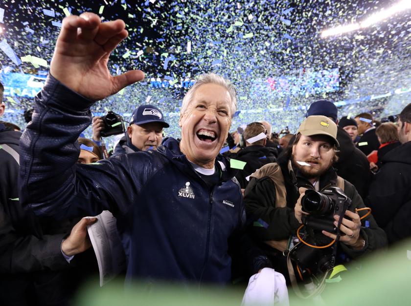 Seattle Seahawks head coach Pete Carroll celebrates after the Super Bowl XLVIII game against the Denver Broncos at MetLife Stadium, New Jersey, February 3, 2014.