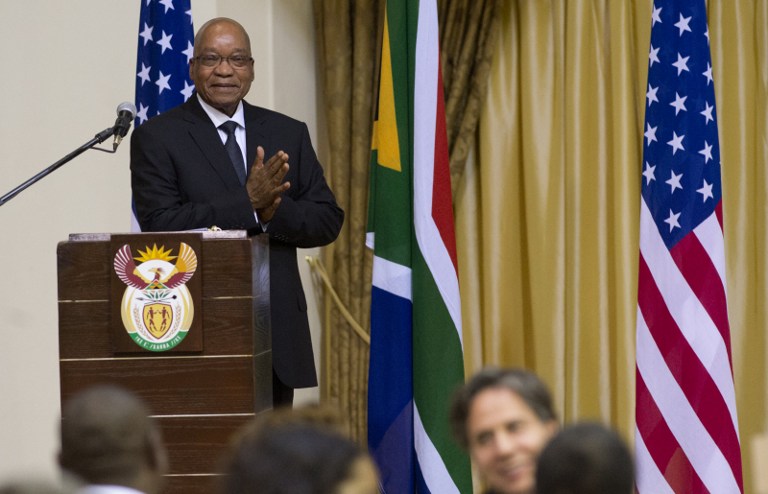 South African President Jacob Zuma prepares to make a toast in honour of the US president during an official dinner at the Presidential Guest House in Pretoria, South Africa, on June 29, 2013. u00e2u20acu201d AFP pic