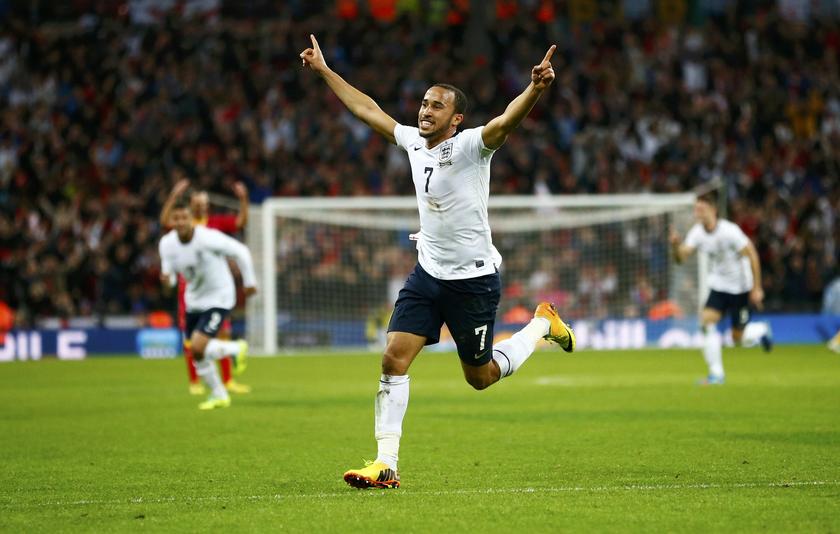 England's Andros Townsend celebrates scoring his team's third goal against Montenegro during their 2014 World Cup qualifying match at Wembley Stadium in London, October 11, 2013. u00e2u20acu201d Reuters pic