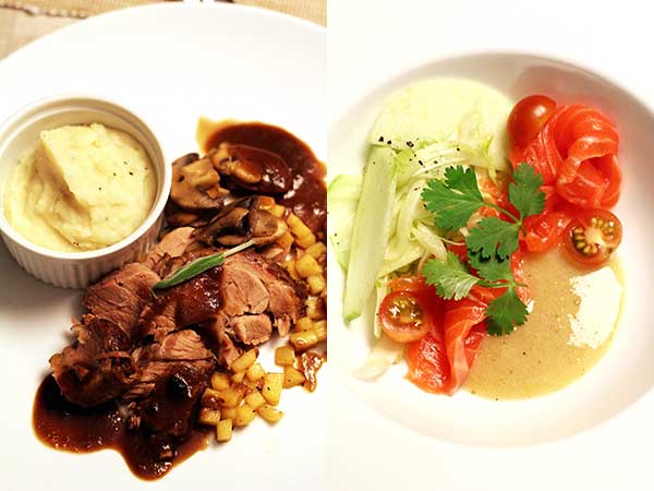 Dark ale cinnamon braised pork with mushroom-apple sauce on potato mash makes for a hearty main. – Picture by CK Lim (left). Apple salad and fish tartare with ginger-lime miso reduction is a appetiser. – Picture by CK Lim (right)