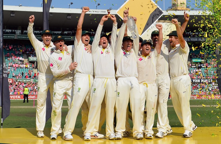 Australiau00e2u20acu2122s cricket team celebrates 5-0 victory in the Ashes Test Cricket series against England at the Sydney Cricket Ground on January 5, 2014. u00e2u20acu201d AFP pic