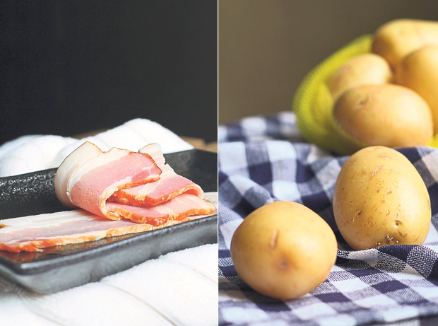 Strips of bacon — its fat adds a lot of flavour to this simple dish (left). Potatoes are great staple to have in the pantry for easy-to-make dishes at home (right)