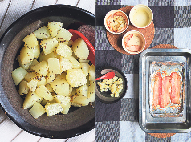 After parboiling, these potato cubes absorb the flavours of dried herbs and butter through a quick pan-fry (left). You don’t need many ingredients to make something yummy for a weekend brunch at home (right)