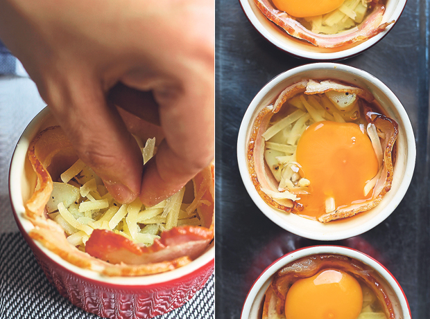 Sprinkle the Cheddar cheese over the potato cubes (left). Crack an egg into the centre of each ramekin (right)