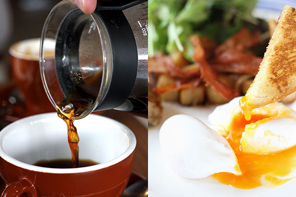 Single-origin coffees are roasted in-house, such as this light but full-flavoured El Salvador (left). Dunk crispy bacon and thin toast soldiers into the still-warm yolk of poached eggs (right)