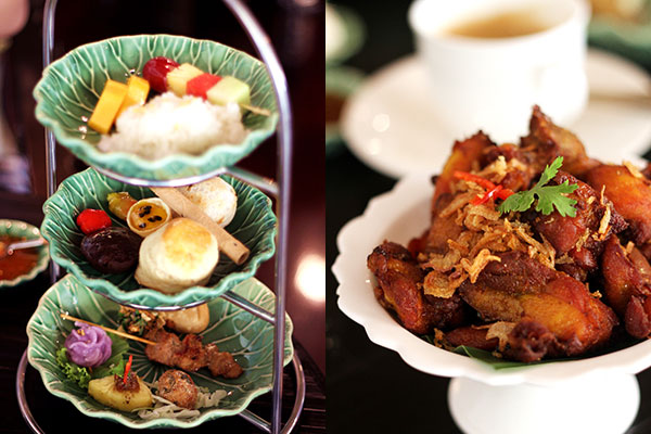 The three-tiered East-meets-West afternoon tea set is a mix of savoury and sweet treats (left). Gai Tod Kra (crispy, deep-fried chicken marinated with spices) is absolutely addictive (right)