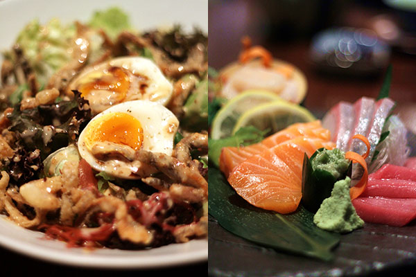 The salmon skin salad is doused with a creamy and aromatic sesame dressing (left). Sashimi is fresh here, with seasonal favourites flown in regularly from Japan (right)