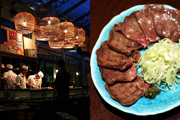 A ceiling of bird cages lights up the sushi bar (left). Grilled beef tongue with lemon and yuzukoshō (fermented yuzu peel and chili pepper paste) (right)