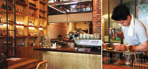 Wooden shelves and warm lighting encourage lazy afternoons at Casa Lapin X 49 (left). Baristas will carefully brew your coffee for you at Casa Lapin X. Barista Ari is pictured right.
