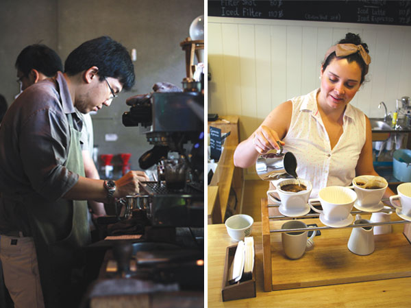 Head coffee roaster Korn Sanguankeaw (left) operating the espresso machine at Roots. Ceresia’s Lucia Aguilar (right) brews coffee while sharing stories about its origins.