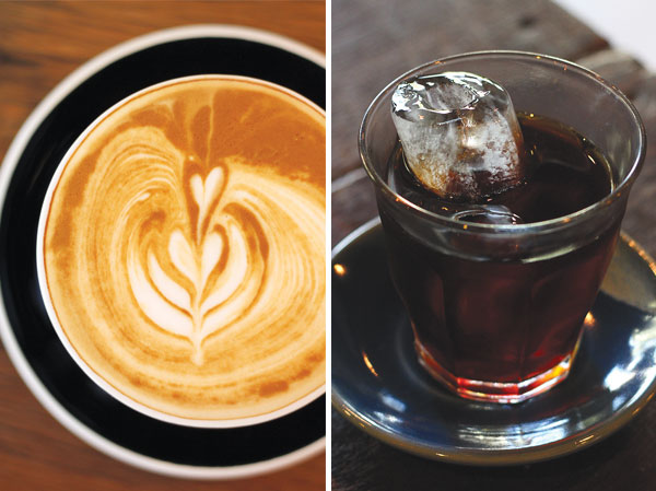 A flat white at One Ounce for Onion is simply good (left). The Ethiopian Yirgacheffe Kochere cold brew at Roots Coffee Roasters is floral and tea-like (right)