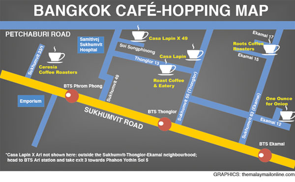 Bangkok Café-hopping map shows the locations of Casa Lapin X