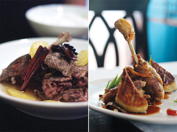 The crispy-skin duck at Paste Bangkok is rubbed with northern Thai makhwaen pepper and doused with fresh orange and star anise sauce (left). Issaya’s tamarind glazed duck leg is served with pan-seared foie gras, sautéed red okra leaves and crushed cashew nuts (right)