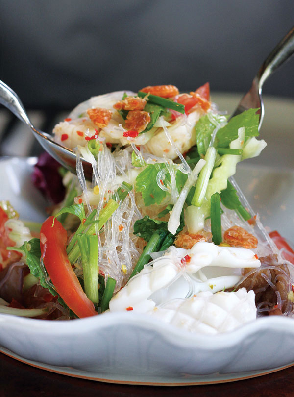 Celadon’s yam woon sen thalay - a spicy glass noodle salad with shrimp, Hokkaido scallops, squid and mushrooms - is filled with umami flavours