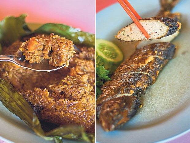 Oyster Rice, a fragrant dish of steamed glutinous rice and dried oysters wrapped in lotus leaf (left). Fried Boneless Mackerel looks deceptively like a whole fish, but is actually mackerel fish paste stuffed into fish skin then fried, with both head and tail intact (right)