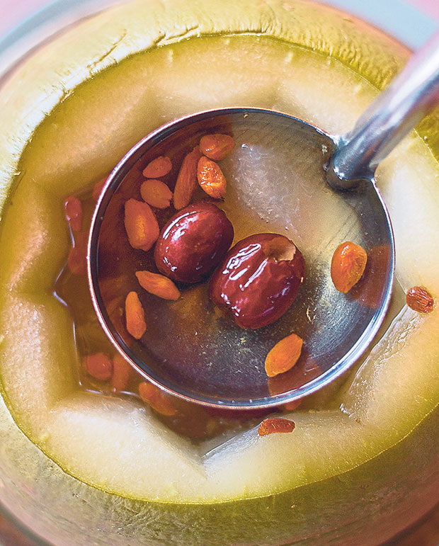 Longevity Soup, where the herbal broth chock-full of winter melon, white fungus and red dates is served in a hollowed-out winter melon