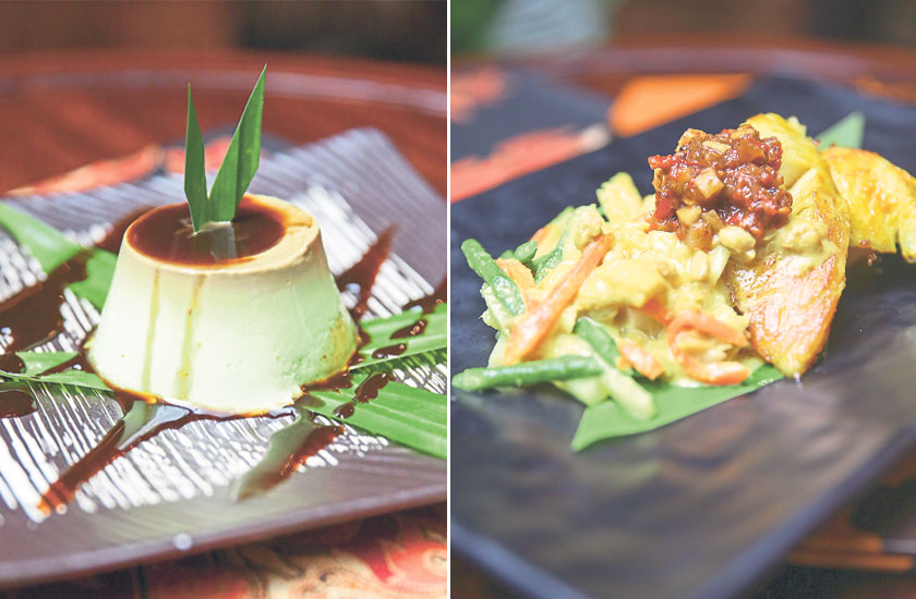  One of Bijan’s signature desserts is this wobbly smooth pandan pudding served with fragrant palm sugar syrup (left). In the cookbook, certain dishes are paired with wines, like this ikan goreng or pan-fried fish topped with a tangy sambal belimbing and creamy sayur lemak that is best suited with a red Rhone or a white Alsace Gewurtztraminer (right)