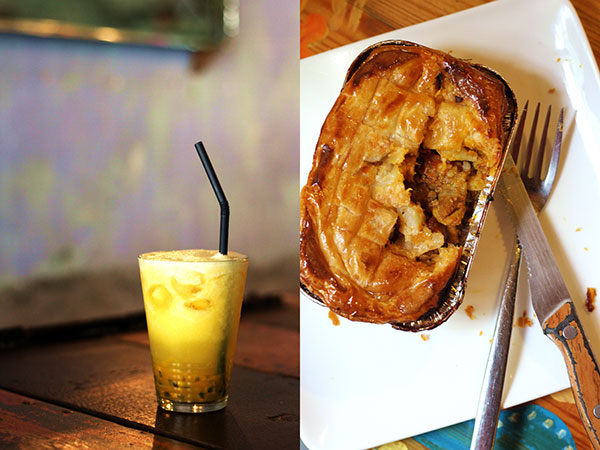 Casual brunch fare: passionfruit-pineapple juice (left) and chicken curry pie (right)