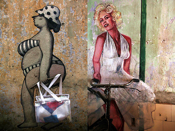 The walls are alive with kooky murals like these (left). A saucy Marilyn Monroe stencil stands guard over a bicycle (right)