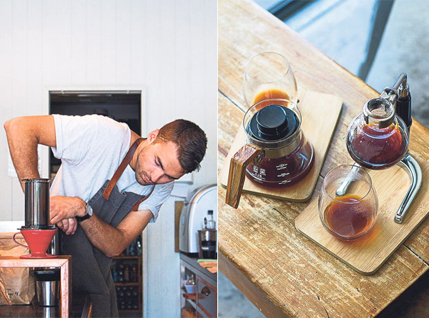 Aeropress coffee in the making (left). A wide array of single origin coffees available at Espresso Workshop (right)