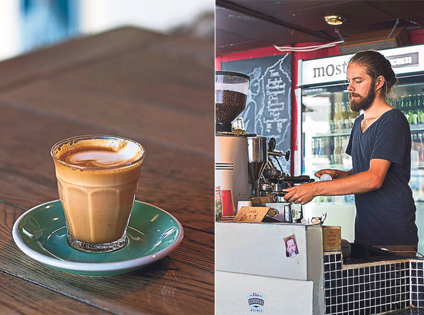 Try the piccolo at Memphis Belle: it’s syrupy and packs a punch (left). A friendly barista behind the bar at Memphis Belle (right)