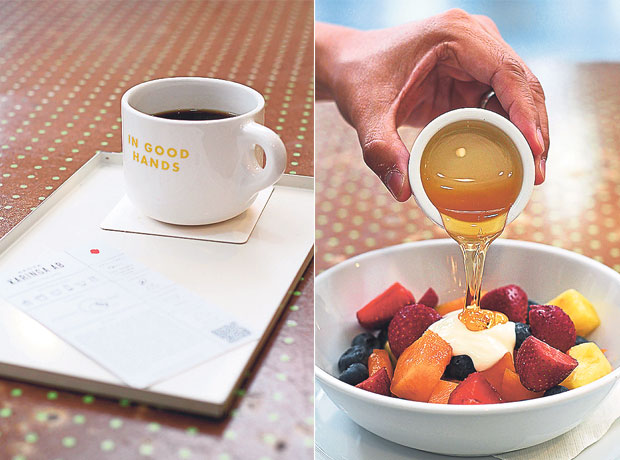 You’re “in good hands” when you order a cuppa at Good One (left). Enjoy a freshly made Auckland-style fruit salad at Good One (right)