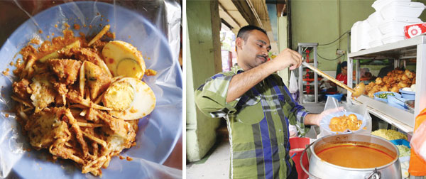 The rojak is topped with a creamy mild tasting peanut sauce (left). The friendly Indian worker manning the rojak stall (right)