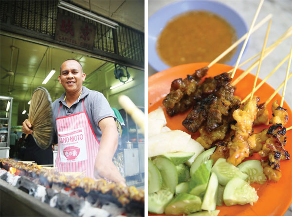 Every evening, Ramli Yusuff continues his wife’s legacy at the stall (left). A plate of tender Javanese beef and chicken satay is served with ketupat and cucumber (right)