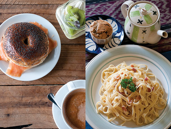 Mugshot Cafe offers only the simplest of snacks, bagel sandwich, yoghurt and beverages (left). Pasta, muffin and a pot of tea at Soohongry (right)