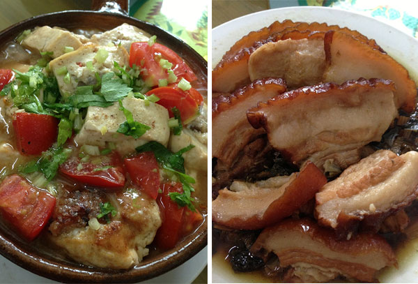 Hakka Yong Fau Fu (left). Mui Choy Kou Yuk (sliced pork with preserved mustard greens)(right).