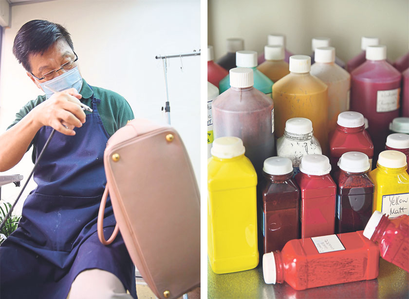 Tan spray paints a Prada bag to give it a refreshing look (left). Clifford Tan uses a variety of colours to blend before applying it to the leather goods (right)