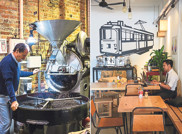 Cottle churns out two tonnes of coffee each week, and supplies to over 200 restaurants and cafes across Australia (left). A Melbourne city tram adorns the feature wall (right)