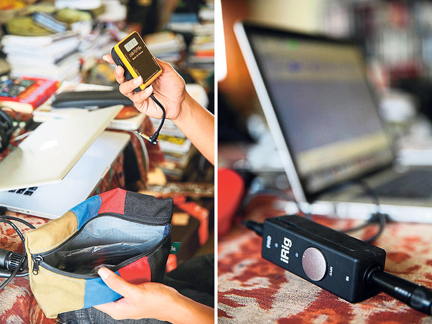 “I was a tester for the Batt-o-meter because my friend worked in the company” (left). “This iRig can be used with iPhone, iPad and other devices. You can also plug in through USB. I can record with the iRig right now. It’s a simple home studio with the concept of mobile recording that means I don’t always have to be in a studio. It also has clearer sounds than a built-in mic. It also works for a mic cable. The iRig won’t be a substitute for big studios but it’s good enough for simple stuff. It’s like a glorified tape recorder but the fidelity is so much better” (right)