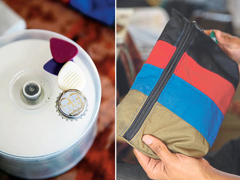 “I got this bottle cap from Berlin when I did my Europe solo tour. I went to a cafe and they had his cola called Fritzkola. I really like the bottle and the bottle cap but I only took the bottle cap because it would be hard to bring the bottle back” (left). “The music pouch is from Greenroom136, a local bag designer. I put my Batt-o-meter here. I also put my tuner and wires in the pouch. It’s my miscellaneous pouch” (right)