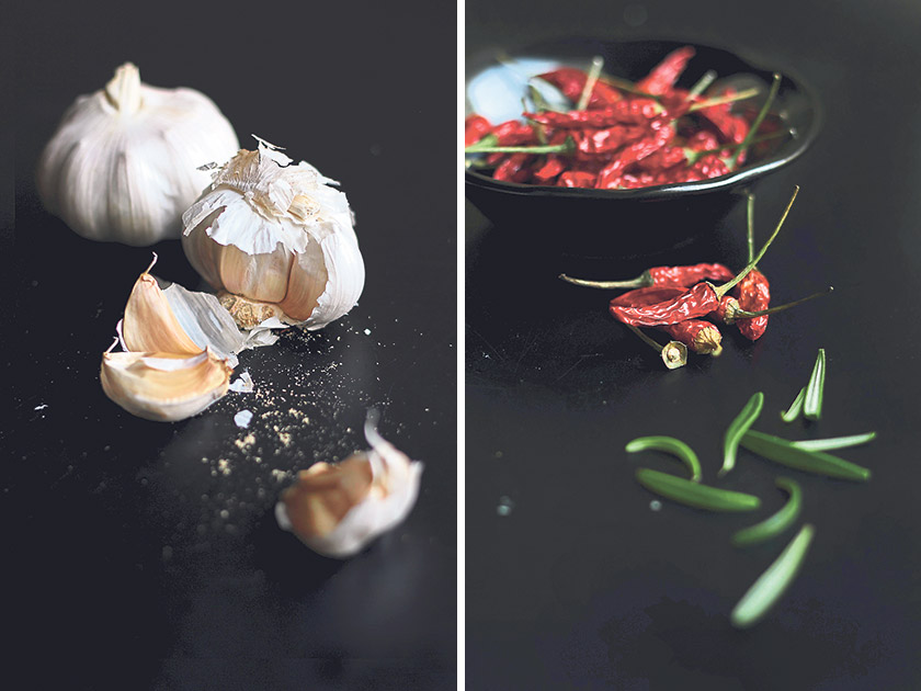 There’s nothing like the pungent aromatics several cloves of garlic can offer (left). Dried chillies offer a more fiery kick compared to traditional peperoncino (chili flakes) (right). – Pictures by CK Lim