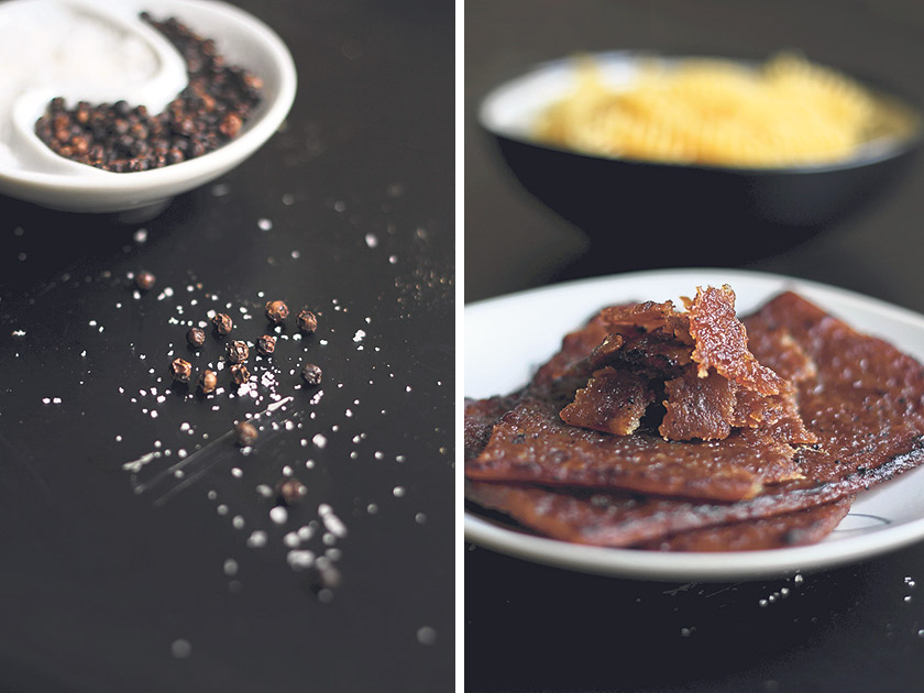 Instead of fine ground black pepper, try coarsely pounding them using a pestle and mortar (left). An absolutely essential Chinese New Year ingredient: bakkwa, a savoury-sweet dried meat delicacy (right)