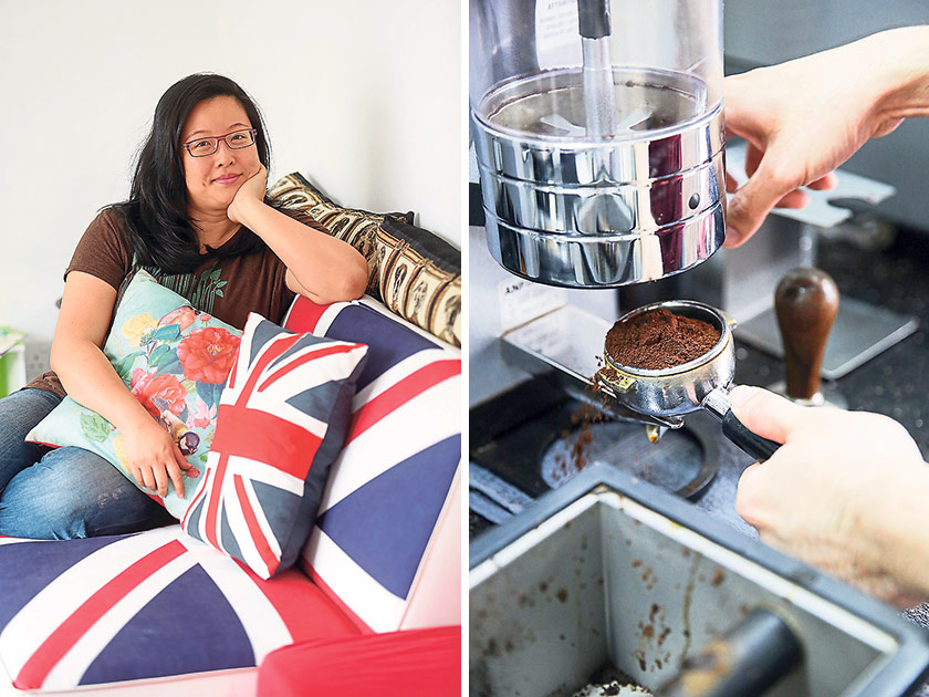 Li Chan of RGB & The Bean Hive believes coffee professionals need sustainable career paths (left). Grinding the coffee beans before tamping (right)