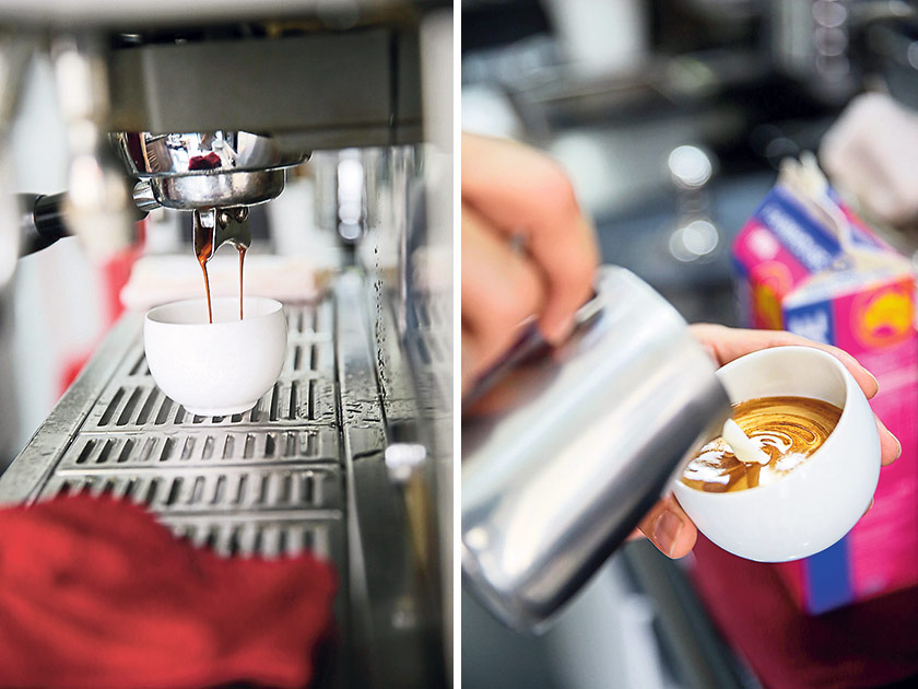 A double shot of espresso in every cup (left). A steady hand and skill are required to pour foamed milk to form latte art (right)
