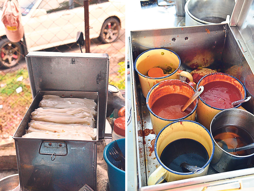 Silky steamed rice noodle rolls are kept like precious treasure in a metal box (left). Chee cheong fun is served on old school metal plates (right)