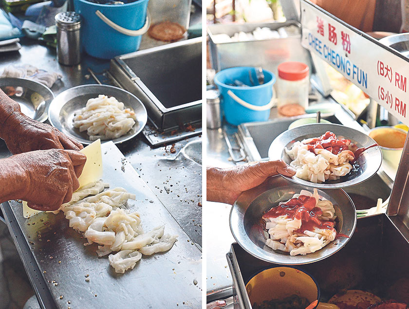 Like an elegant samurai, the master cuts the rice rolls swiftly with a plastic apparatus (left). The master uses shallot oil with a dash of chilli, sweet and soy sauce (right)