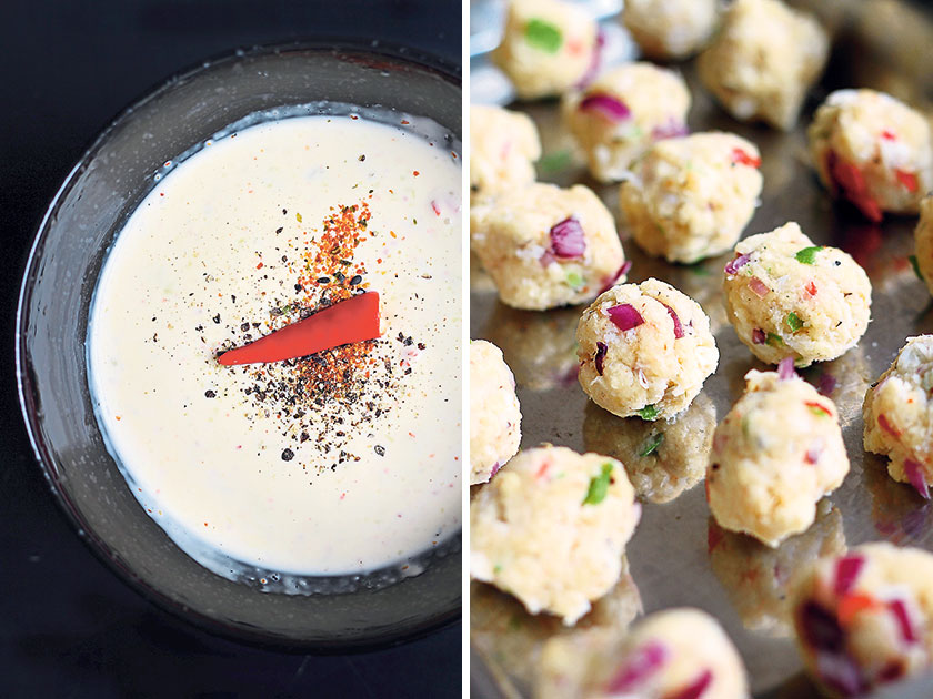 The dipping sauce has both Japanese and Thai influences (left). Form the crab cake mixture into small balls (right)