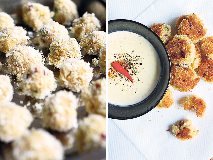 Dip the crab cake balls in beaten egg and then more breadcrumbs before frying (left). Rest the golden brown crab cakes on paper towels to soak up excess oil (right)