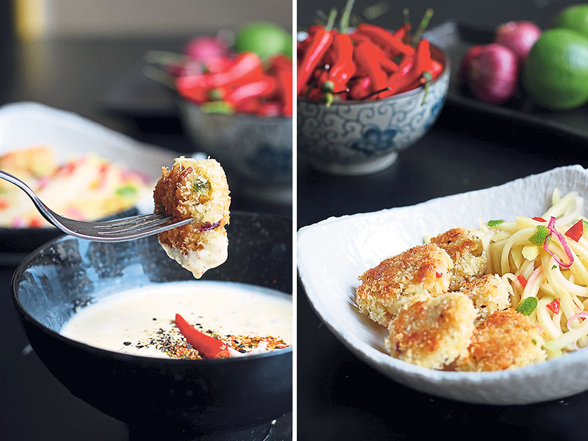 Dunk each crab cake into the dipping sauce to get an explosion of different flavours (left). Serve the crab cakes with a Thai-style green mango salad (right)