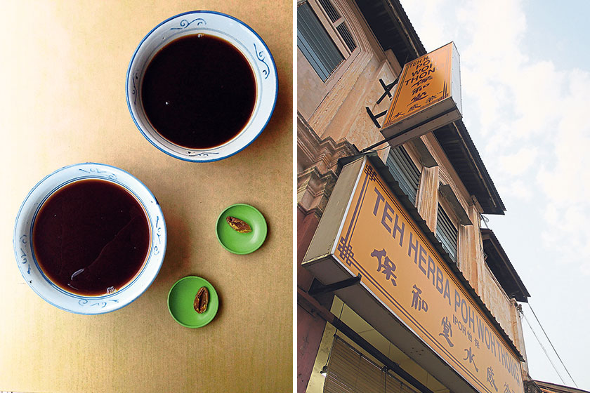 The tea is served with slices of dehydrated Chinese olives (left). Poh Woh Thong currently has two outlets in Ipoh (right)