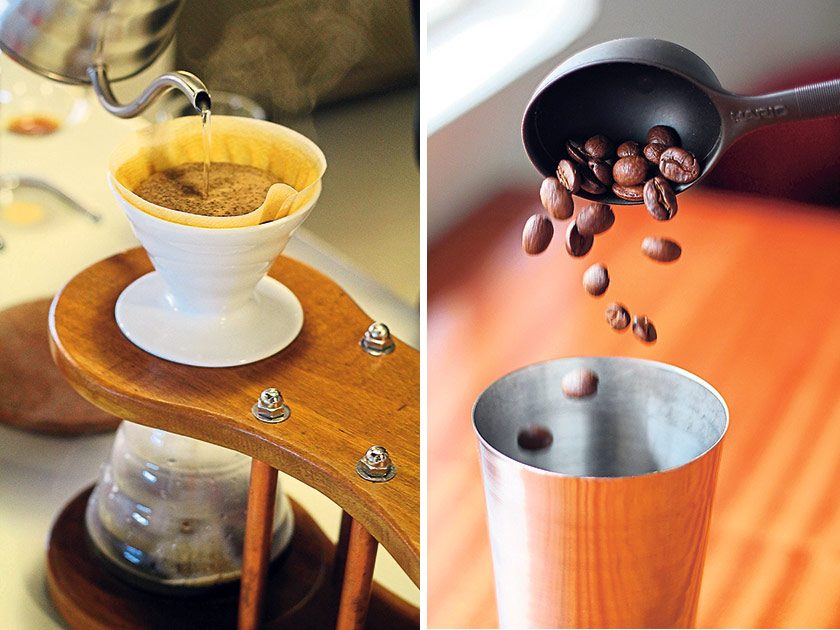 Hand-drip coffee brewed using a V60 produces a lighter-tasting coffee (left). Roasted coffee beans are measured by weight before grinding (right)