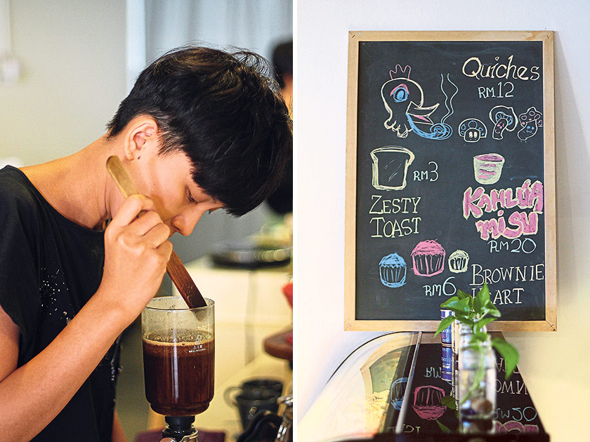 Siphon-brewed coffee has complex notes and a stronger body (left). Quirky illustrations pepper their menu board (right)
