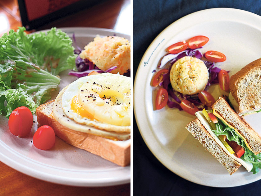 Pepper ham and egg open sandwich (left). Chicken ham sandwich (right)