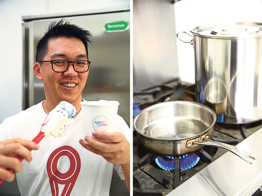 Cheam Tat Wei, “chief ice-cream churner” at Forty Licks (left). This custom-made stove produces daichow-level flames! (right)